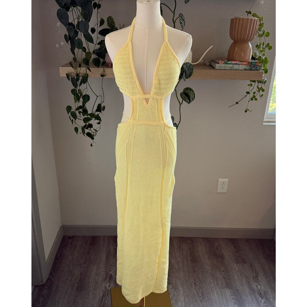 Yellow Crochet Knit Halter Maxi Dress Swim Cutout Open Back, Boho Beachwear, S/M